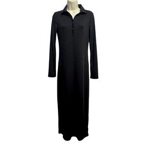 H&M Black Ribbed Maxi Dress Size Small‎ Button Front Collared L/S Minimalist